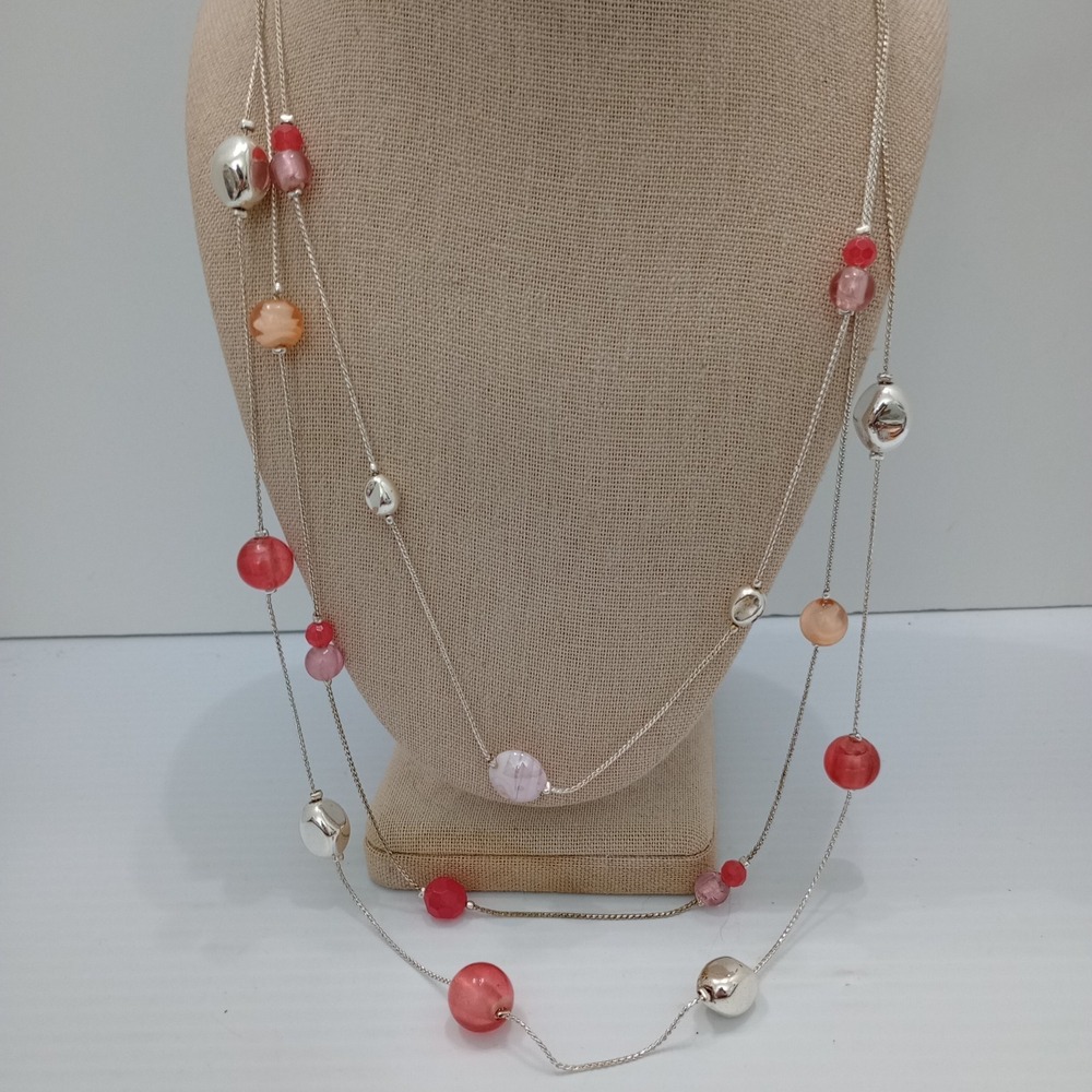 Long Layered  Silver Tone Station Necklace Pink Coral Beads Stamped NWT‎